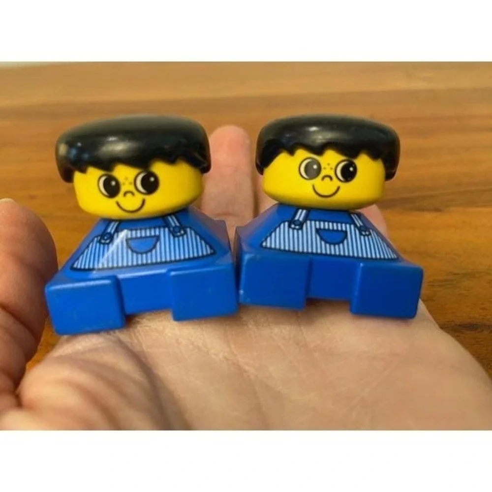 LEGO Duplo Boy Figures Black Hair Blue Overalls Set of 2 Toddler Toys Vintage